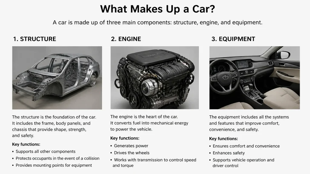 What makes up a car? Structure, engine, and equipment